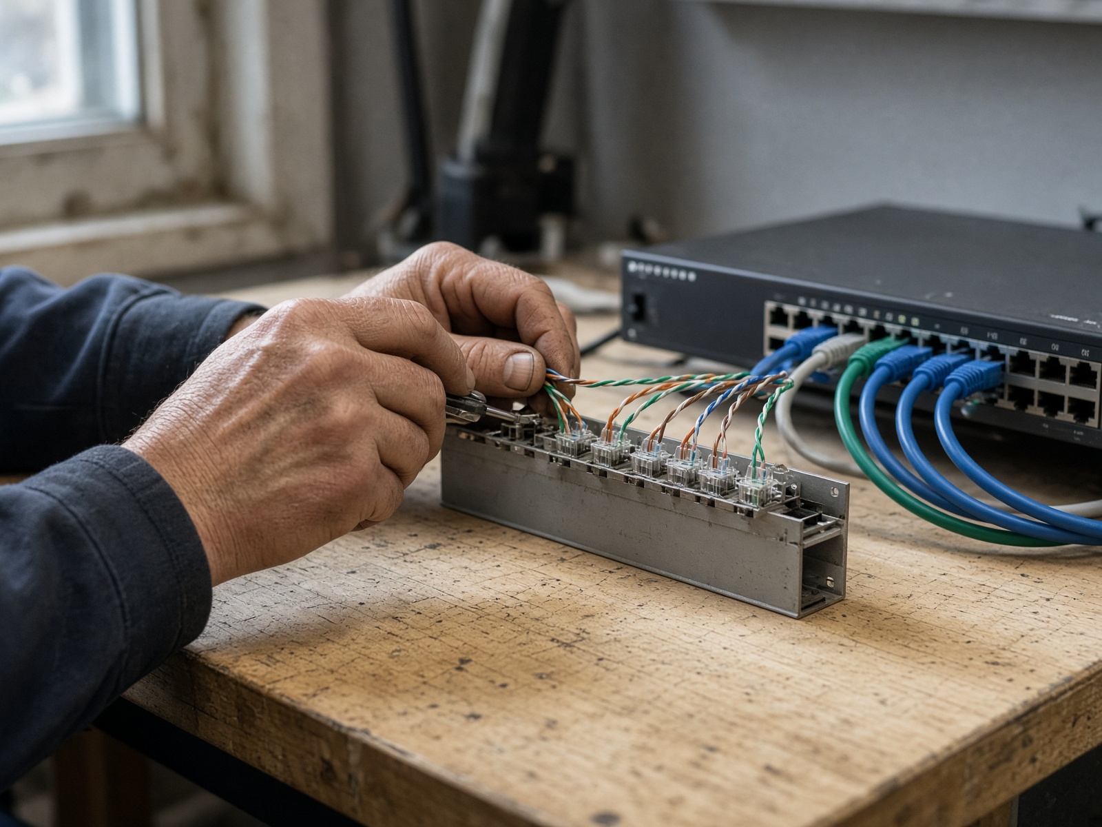 Hands terminating network cables on a workshop bench