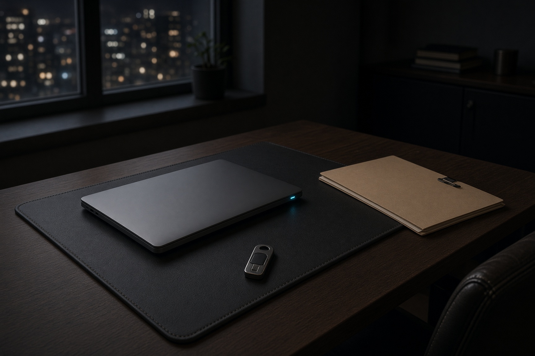 Closed laptop and security key on a quiet desk at night