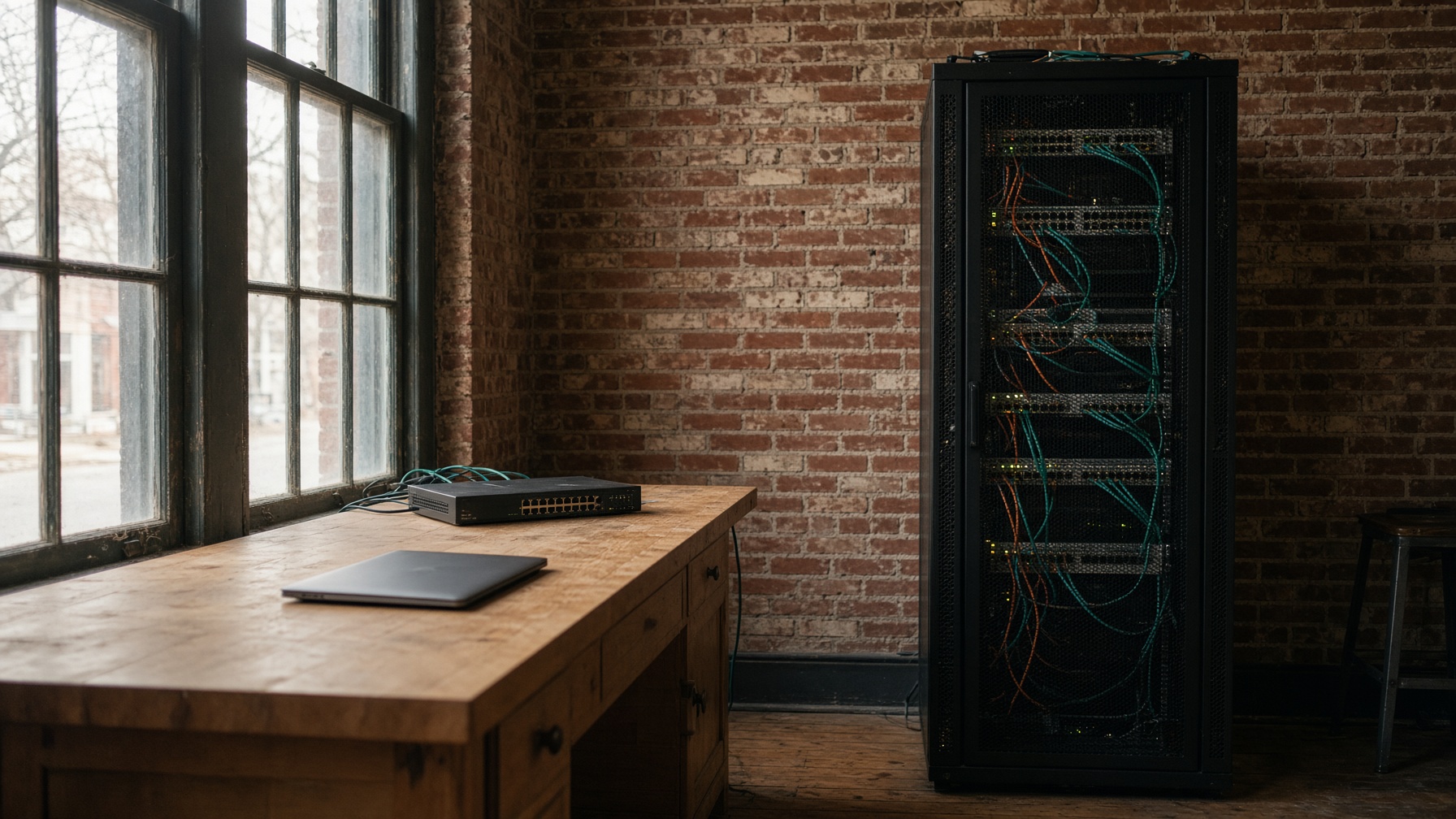 Server rack and workbench in a Midwest IT shop